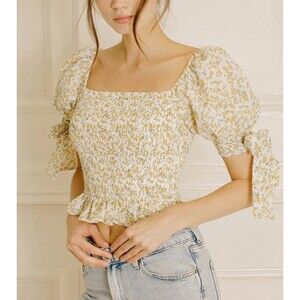 Storia Floral Smocked Puff Sleeve Crop Top Cottagecore Square Neck Peplum Blouse